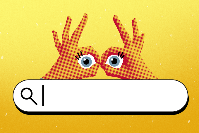 Modern collage with halftone hands, eyes and search box. Person looking for information in the search bar. Concept of searching, looking, finding opportunities and knowledge in internet. SEO concept