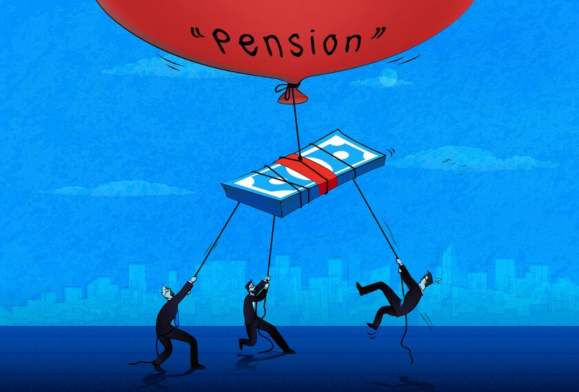 Illustration of money being carried away by a balloon that says "pensions"