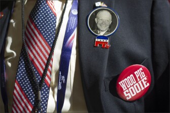 Arkansas delegate Darren Waddles is interviewed during the Republican National Convention.