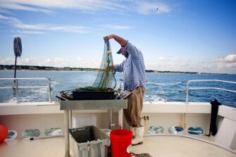 Yancey Powell, manager of the Bay Foundation Hampton Roads Education Program, prepares the net for setting out to sea in the Chesapeake Bay. Students in the Virginia Beach school district take part in field exercises and learn about the environment in the classroom as well.