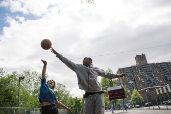 Daeshon “Scotty” Moore, a basketball coach in Paterson at P.S. 4, and a mentor to kids in the neighborhood, shoots some hoops in a basketball court across the street from P.S. 28. Deashon is from the neighborhood and knows it really well.