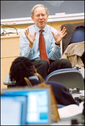 Rebell gestures during a lecture at Columbia University.