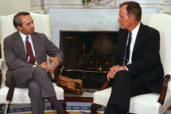 President George H.W. Bush talks with Supreme Court nominee Judge David Souter in the Oval Office of the White House, Sept. 13, 1990.