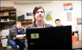 Megan Atkinson is taking a 10th grade special education algebra course at Ashbrook High School in Gastonia, N.C., that blends face-to-face and virtual teaching and learning.
