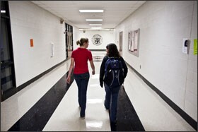 Kelsey Stephenson, right, with friend Bianca Watkins, splits her time as a high school junior between Upperman High School in Baxter, Tenn., above, and Cookeville High School in Cookeville, before turning her attention after school to working on online courses.