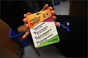 Beachy Avenue Elementary teacher Cocoro Morimoto displays a card summarizing the Second Step program concepts that she uses with her 4th graders. She believes lessons from the social-emotional learning program have had a great impact on student success.