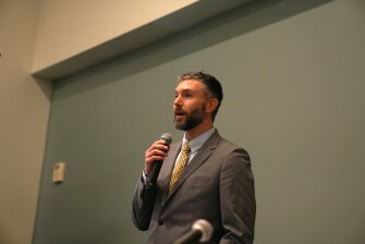 Chase Christensen, superintendent of Sheridan County School District #3, presents a panel at the National Conference of Education in Nashville, on Feb. 12, 2026.