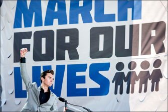 David Hogg, who survived the Marjory Stoneman Douglas High School shooting in Parkland, Fla., speaks at a March for Our Lives rally in Washington. Both Hogg and Thunberg have been praised and criticized for their advocacy.