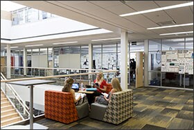 Students work during their study periods in open areas throughout Minnesota’s Alexandria Area High School. The school’s modular furniture is intended to be moved and reconfigured to meet students’ and teachers’ needs.