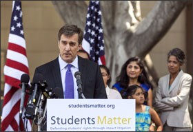 Silicon Valley entrepreneur and founder of Students Matter David Welch makes comments on the Vergara v. California lawsuit verdict in Los Angeles on Tuesday.