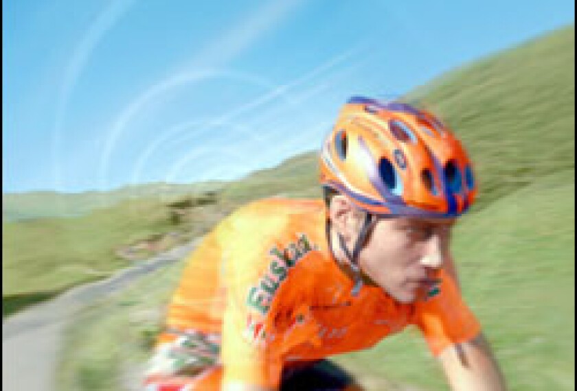 A computer-generated image of a Tour de France cyclist competes in "Wired to Win."