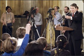 President Ronald Reagan takes questions after addressing a group of junior and senior high school students from Washington-area schools on Nov. 15, 1988, at the White House.