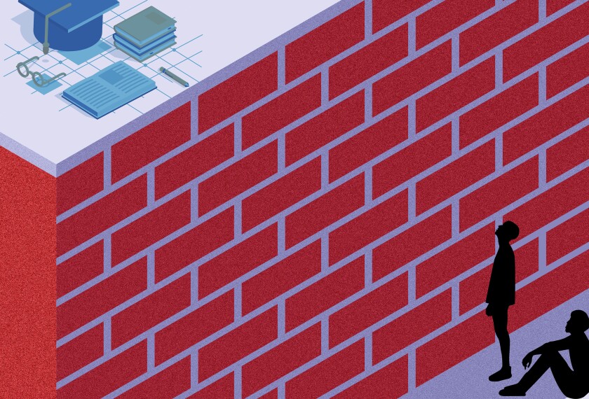 research question about impact of covid 19 on students Illustration of a large brick wall with graduation cap and books on top of the wall and two silhouetted males sitting and standing at the base of wall and looking up.