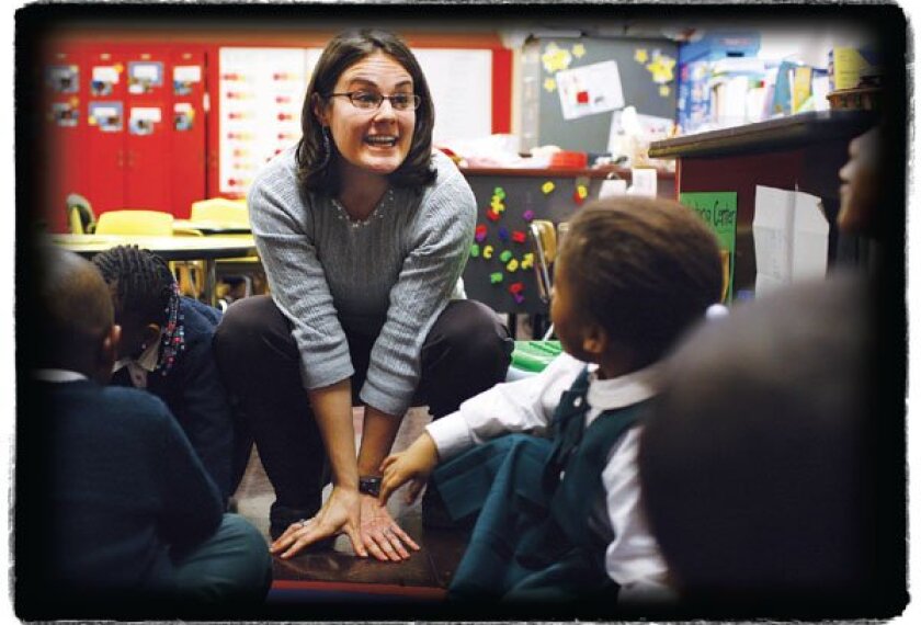 Teach for America corps member Jessica Haskell teaches math to children at Scott Montgomery Elementary School in Washington in 2007. Today, she is the managing director of programs in TFA's Washington regional office.