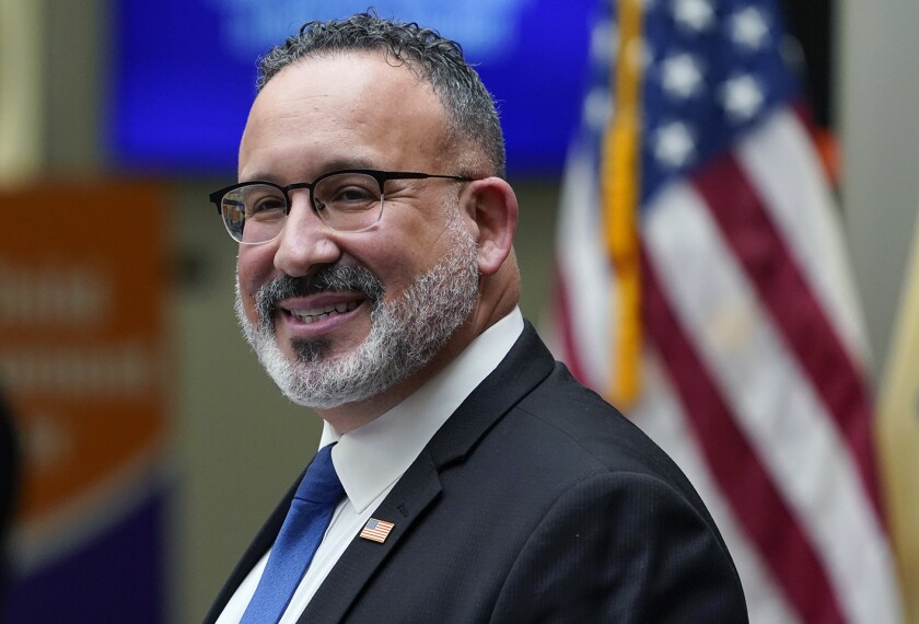 Secretary of Education Miguel Cardona speaks during a visit with first lady Jill Biden to Bergen Community College in Paramus, N.J., Thursday, Jan. 20, 2022.