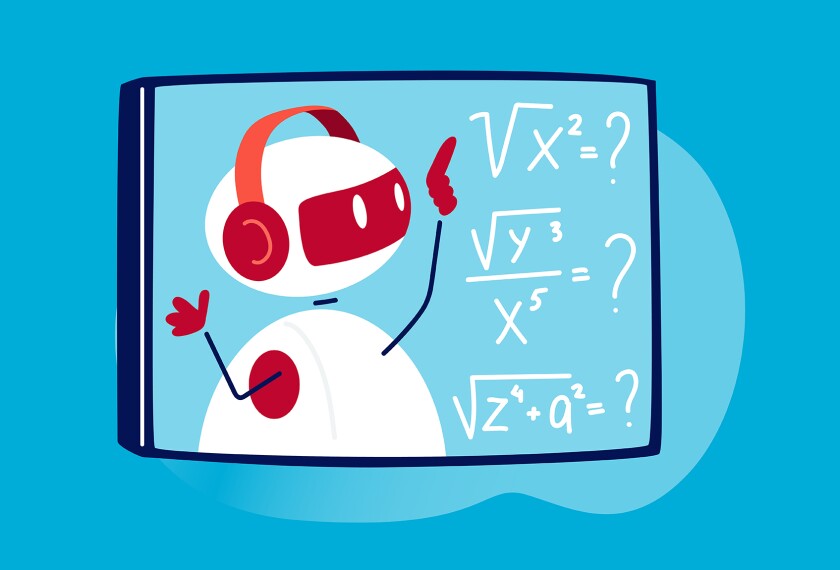 Illustration of artificial intelligence bot in a computer screen teaching math.