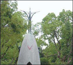 This statue honors Sadako Sasaki, who died in 1955, at age 12, of leukemia — "but not before she'd folded the thousand paper cranes that became an international symbol of peace."