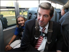Alabama Gov. Bob Riley sits in a school bus equipped with safety belts on Oct. 15. A new federal seat belt rule was drafted after the deaths of four Alabama students in a school bus crash in 2006.