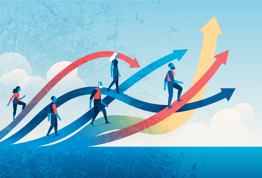 Vector illustration of people walking on upward arrows, symbolizing growth, progress, and teamwork towards success.