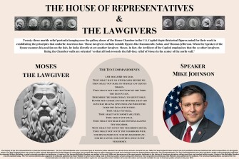 The Ten Commandments brief cites this poster describing the lawgivers reflected in the House of Representatives’ chamber, and Moses’s placement directly in front of Speaker Mike Johnson.