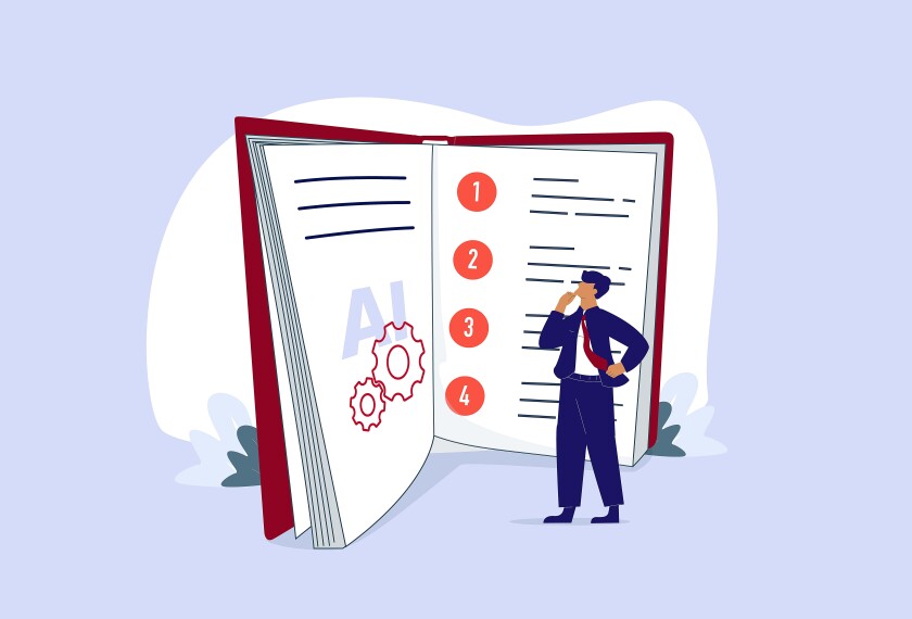 Conceptual user manual illustration of person reading and writing privacy policy and terms and conditions for guide instruction or manual book.