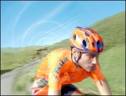 A computer-generated image of a Tour de France cyclist competes in "Wired to Win."