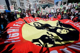 Striking teachers and supporters turn out at a rally in front of City Hall in Oakland, Calif., in February 2019.