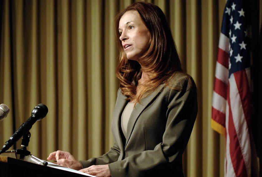 North Dakota Superintendent of Public Instruction Kirsten Baesler announces the gathering of a task force to look into future options the state has for the assessment of students during a press conference May 8, 2015, at the state Capitol in Bismarck, N.D.