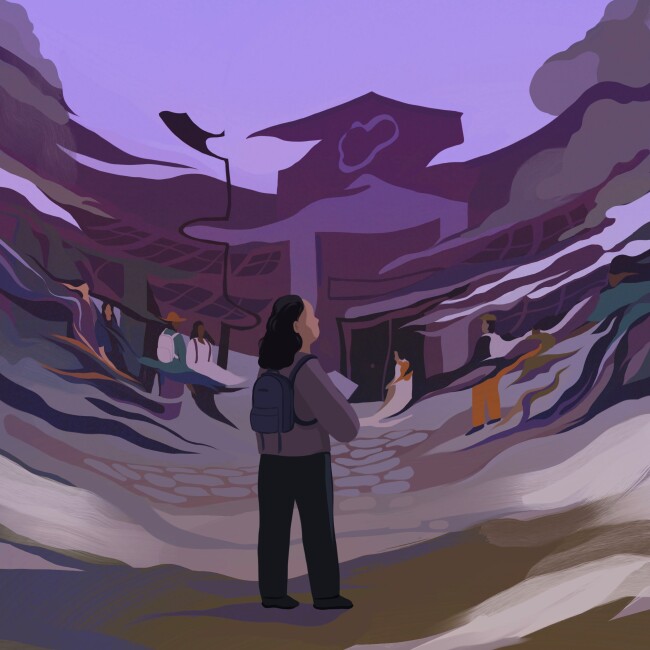 Student standing in front of a school that's distorted, hinting at changing realities.