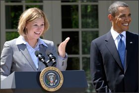 President Barack Obama listens as Sarah Brown Wessling speaks in the Rose Garden of the White House on April 29 after being named the 2010 National Teacher of the Year.