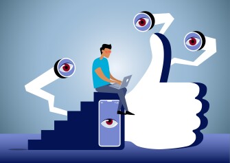 All seeing eyes watching a boy on his laptop as he sits at the top of a giant staircase that resembles the Facebook thumbs up icon.