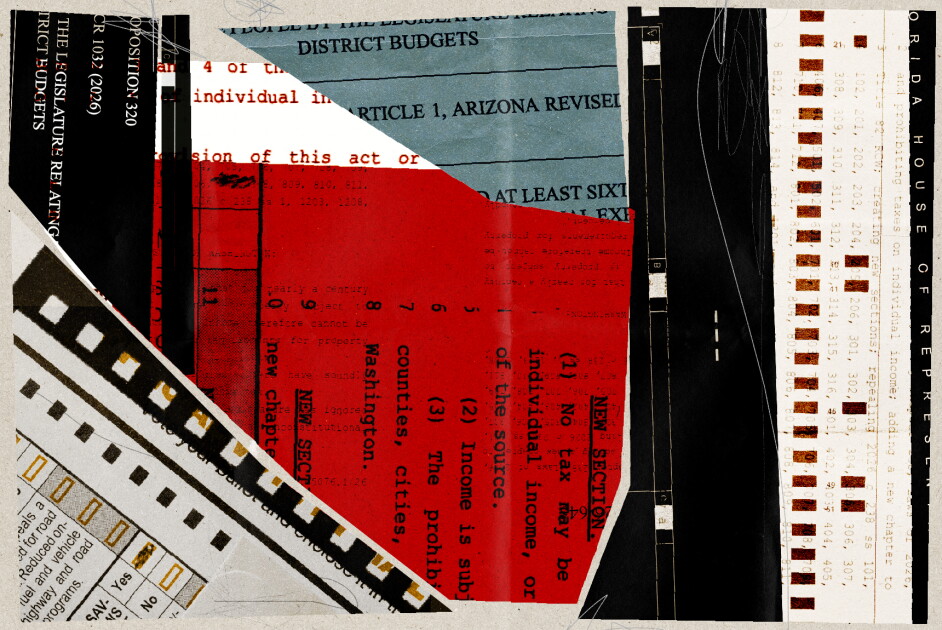 Collage of ballots and language from propositions from Arizona, Washington and Florida.