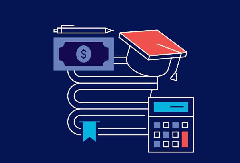 Image of books, money, calculator, and graduation cap.