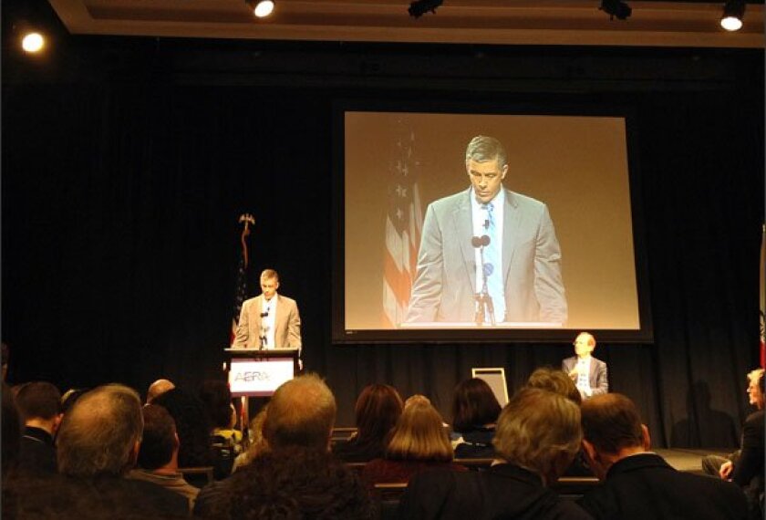 U.S. Secretary of Education Arne Duncan addresses the AERA's annual meeting on April 30.