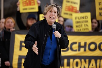 American Federation of Teachers President Randi Weingarten gives remarks as protesters rally at outside the Department of Education Building in Washington, D.C., on March 13, 2025. The Trump Administration, with support from DOGE and Education Secretary Linda McMahon, has begun the process of severely cutting the agency's staff and funding.