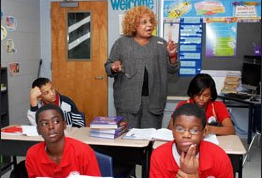 Doris R. Hicks, the principal at King, talks to 8th graders about the importance of their quarterly tests coming up this week.