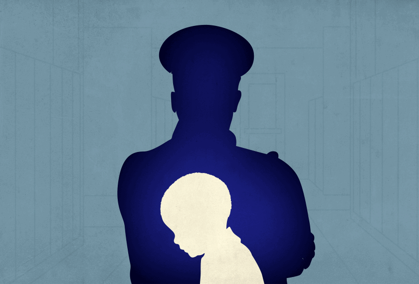 Silhouettes of police officer and young student