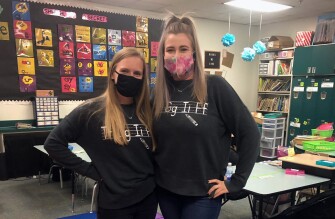 Valerie Malone, left, and fellow first-grade teacher Marissa Uplegger stand in a classroom in Arlington Independent school district.