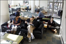 Andrew Van Cleave meets with one of his "ambassadors," Aparna Raj, in a common area at Vanderbilt University to get help with his classwork. Ambassadors are Vanderbilt students who are available to help students in the Next Steps program with classwork or just navigating their way around campus.