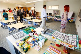 Members of the media tour a classroom at the new Sandy Hook Elementary School on July 29.