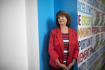 Olentangy School District School Board President Julie Wagner-Feasel poses for a portrait in Lewis Center, OH on July 7, 2021. Wagner-Feasel is frustrated by the lack of stimulus funding in the district.