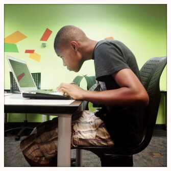 Chris Rogers, 16, mixes an audio project at the library’s YouMedia lab at the Columbus Metropolitan Library in Columbus, Ohio.