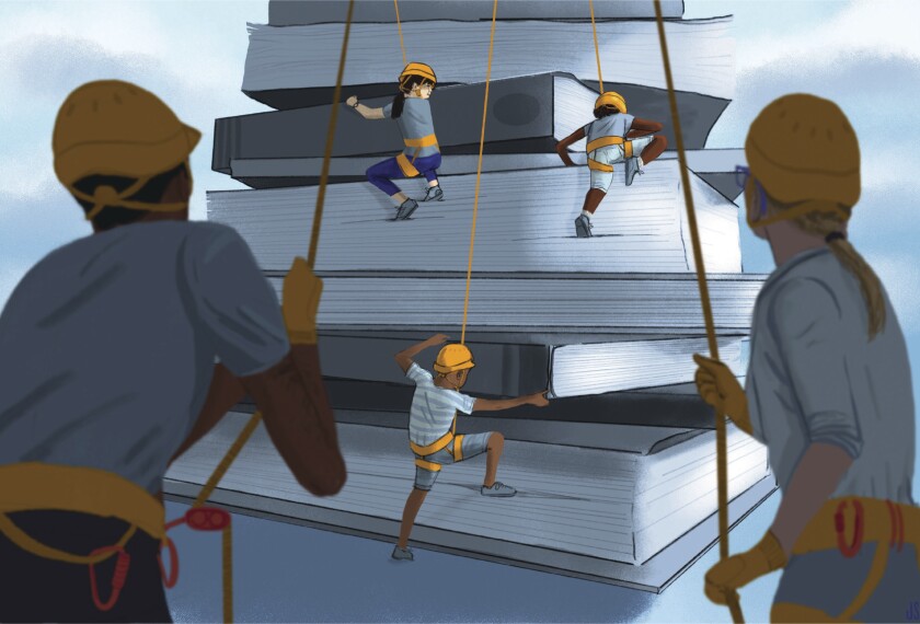 Illustration of teachers helping students climb books. 