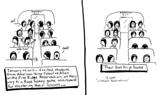 Cartoonist Ricardo Caté (Santo Domingo Pueblo) depicts the American Horse School students before and after their attendance at a minor-league hockey game on Jan. 24, in Rapid City, S.D. The cartoon was published in The Sante Fe New Mexican in Mr. Caté’s regular comic strip for the paper.