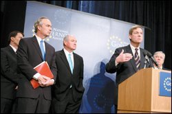 Iowa Gov. Tom Vilsack, speaking at the National Governors Association winter forum in February, won passage in 2005 of $21 million in new spending on early-childhood programs—about half of what he had sought. The theme continues to be one of his top priorities. With him, from left, are Govs. Michael Rounds of South Dakota, Dirk Kempthorne of Idaho, Sonny Perdue of Georgia, and Haley Barbour of Mississippi.