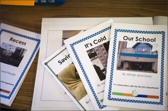 Student-made zines are displayed in Ann Woomert's ESL/ELL class at Islington Junior High School.