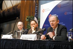 Rep. Michael N. Castle, R-Del., right, makes a point about the No Child Left Behind Act last week.