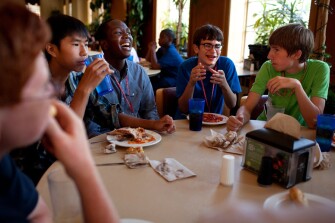 Zachary Goldstein, 15, from left, Christopher Jung, 14, SajHeed McNair, 14, Kevin Donohue, 13, and Michael Sangimino, 13, laugh during dinner at the Center for Talented Youth summer program at Lafayette College.