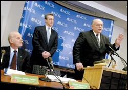 From left, New York state Sen. Steven M. Saland, Maryland Delegate John A. Hurson, and Utah Rep. Kory M. Holdaway release a National Conference of State Legislatures report on the "No Child" law.