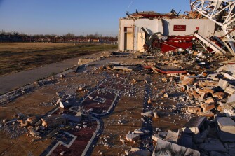 The former Joplin High School gymnasium sits in ruins. The storm leveled five of the district’s 20 campuses.